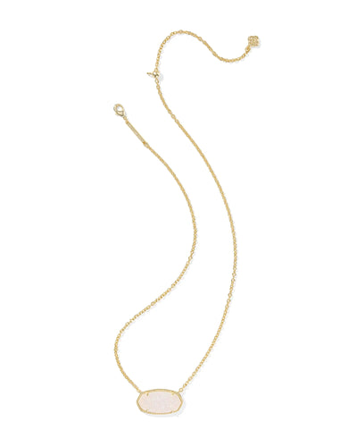 Gold necklace with a large iridescent drusy pendant on a white background.