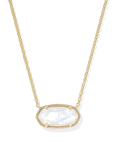 Gold necklace with a large mother of pearl pendant on a white background, closeup.