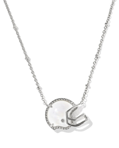 Silver necklace with a football helmet pendant on a white background, closeup.