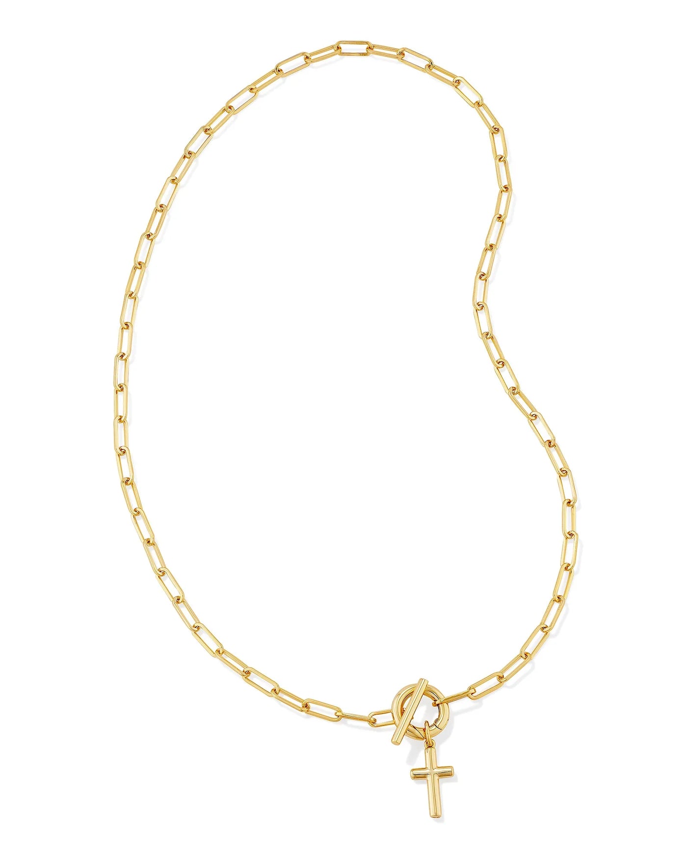 Gold chain necklace with a small cross pendant on a white background.