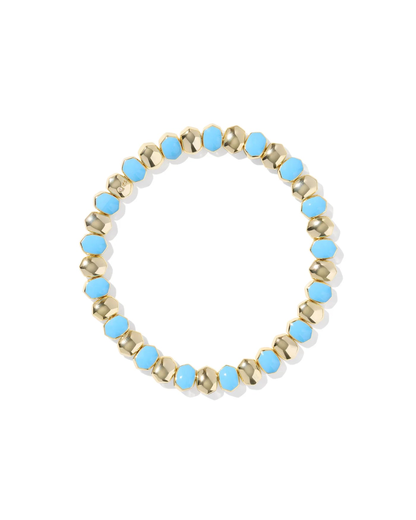 Beaded bracelet with blue and gold beads on a white background.