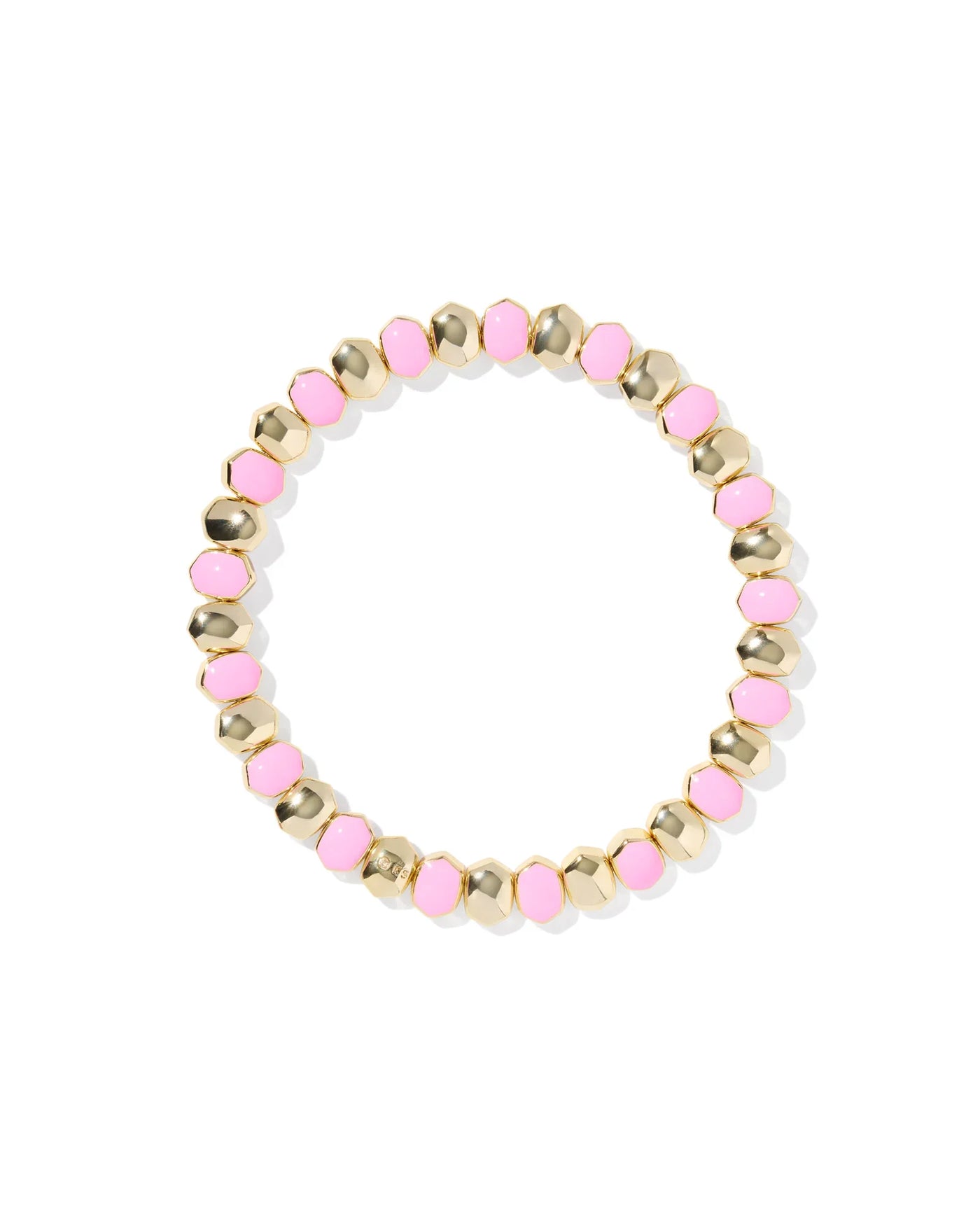Beaded bracelet with pink and gold beads on a white background.