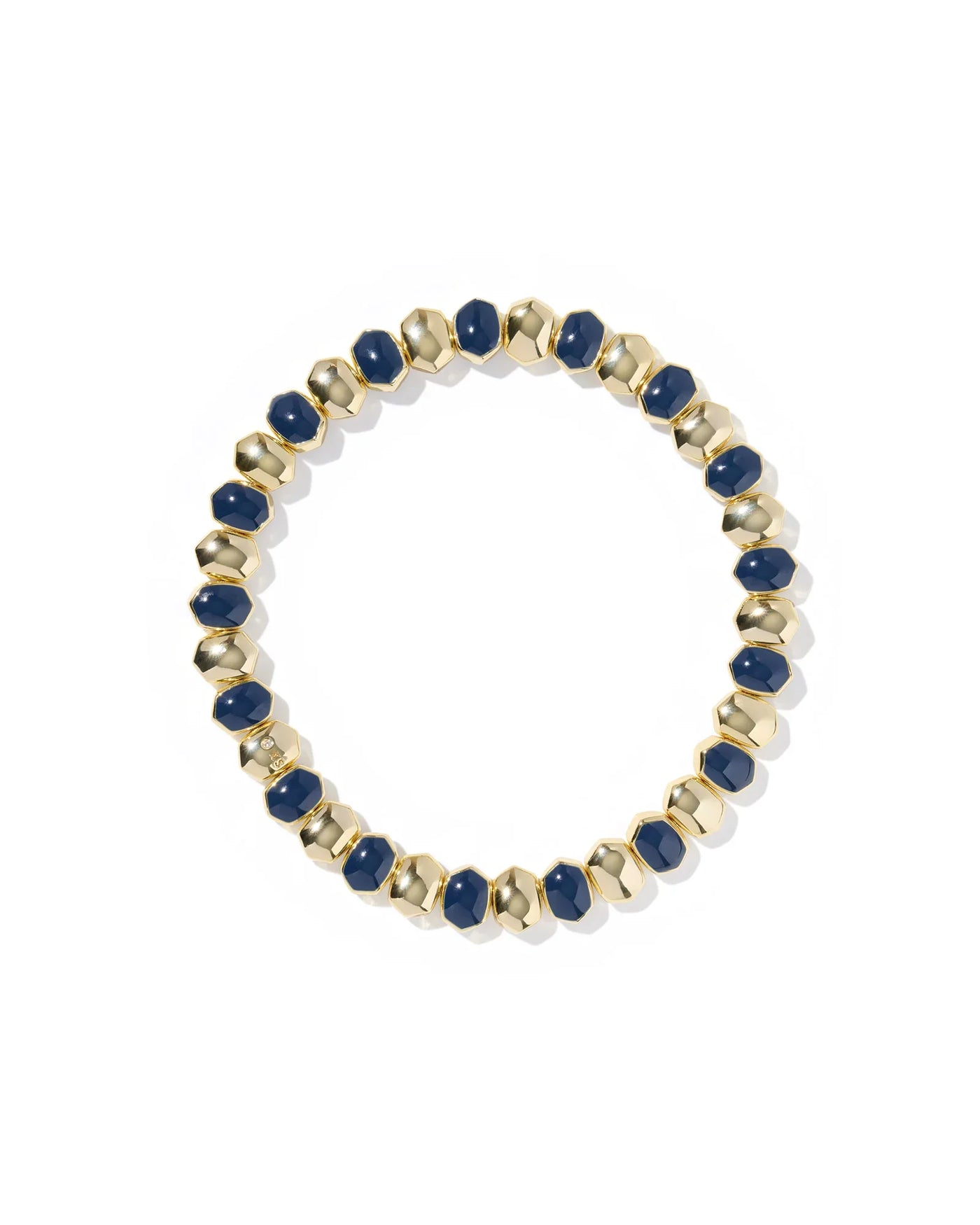 Bracelet with gold and navy beads on white background.