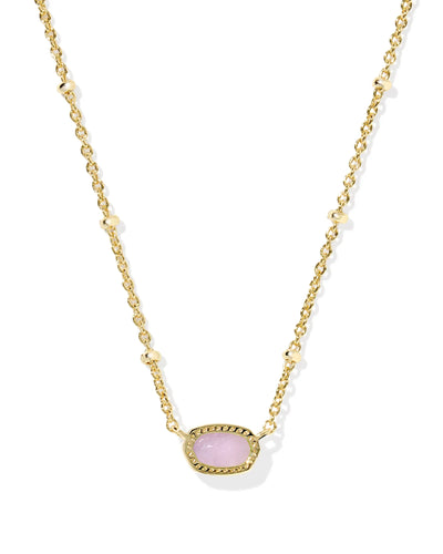 Gold necklace with a purple pendant on a white background, closeup.