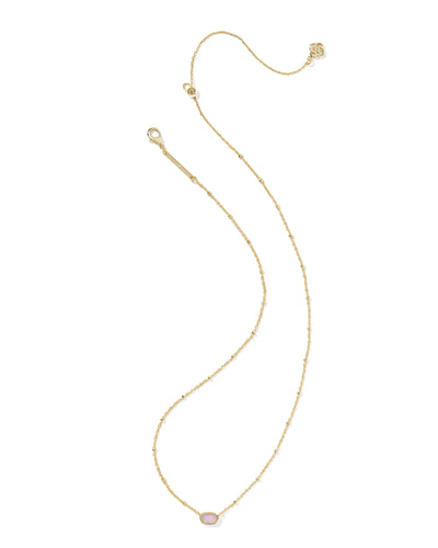 Gold necklace with a small purple pendant on a white background.
