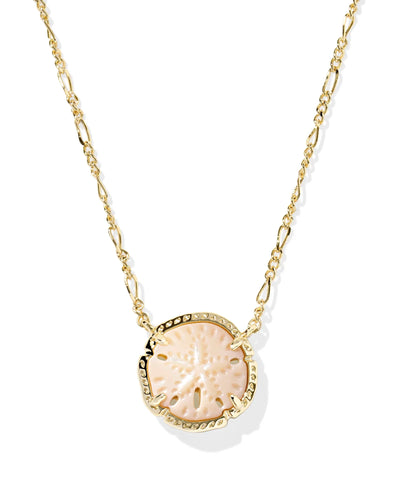 Gold figaro chain necklace with sand dollar pendant on white background, closeup front.