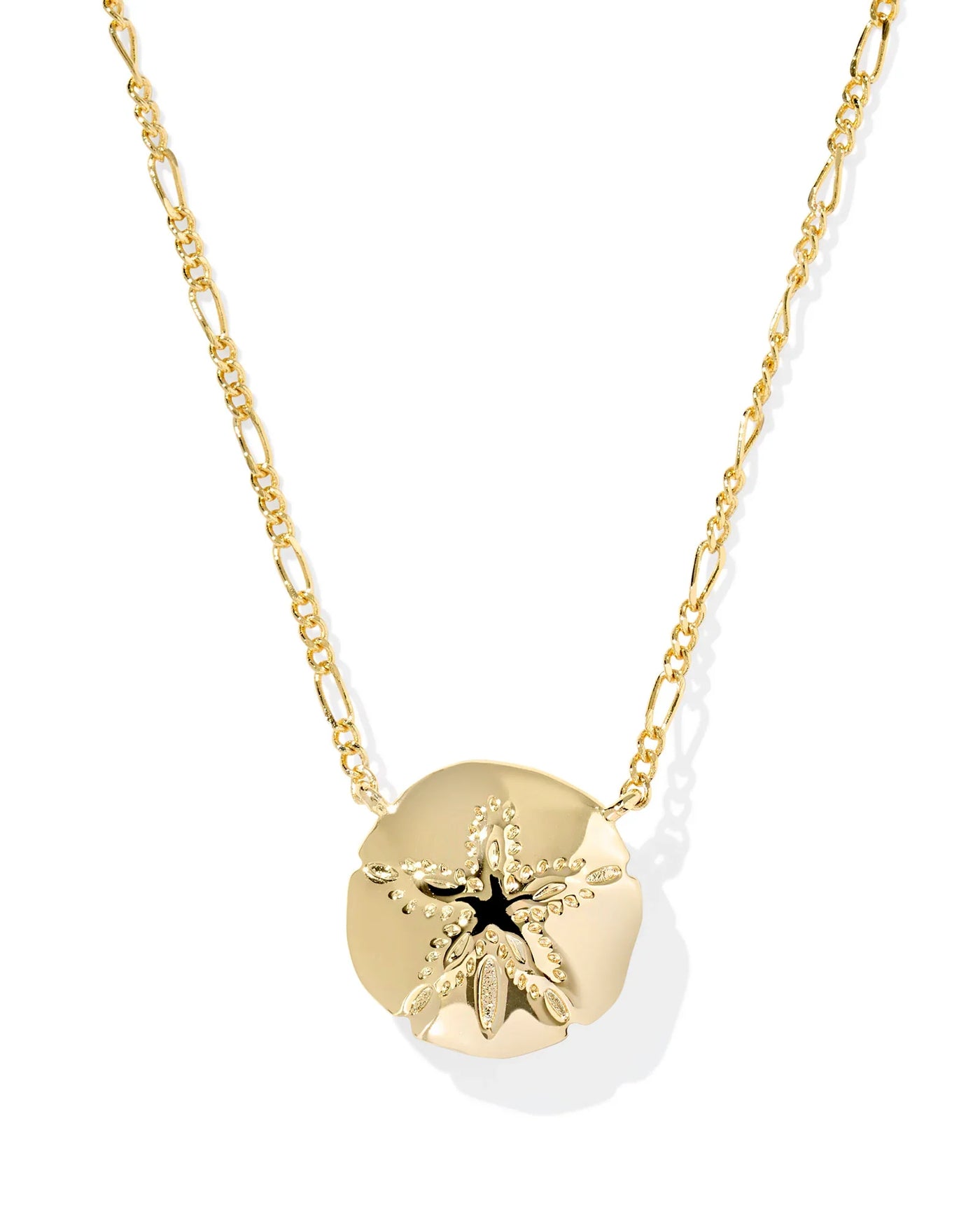 Gold figaro chain necklace with sand dollar pendant on white background, closeup back.