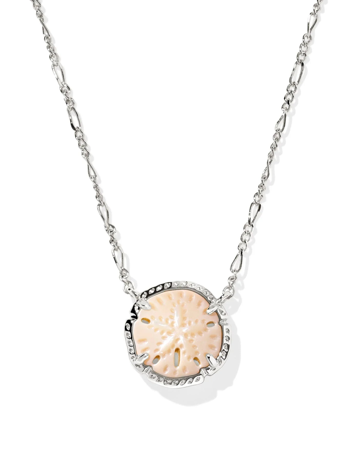 Silver figaro necklace with sand dollar pendant on white background, closeup front.