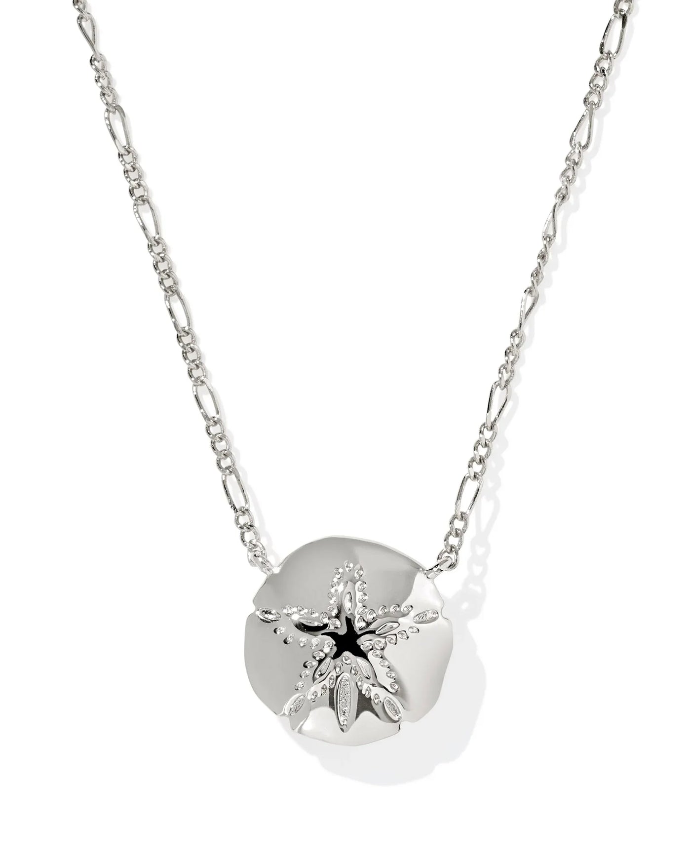 Silver figaro necklace with sand dollar pendant on white background, closeup back.