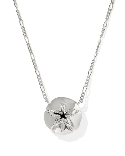 Silver figaro necklace with sand dollar pendant on white background, closeup back.