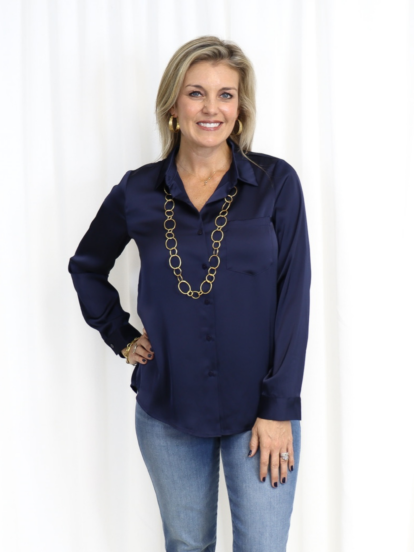 Navy Satin Button Down Top front view.