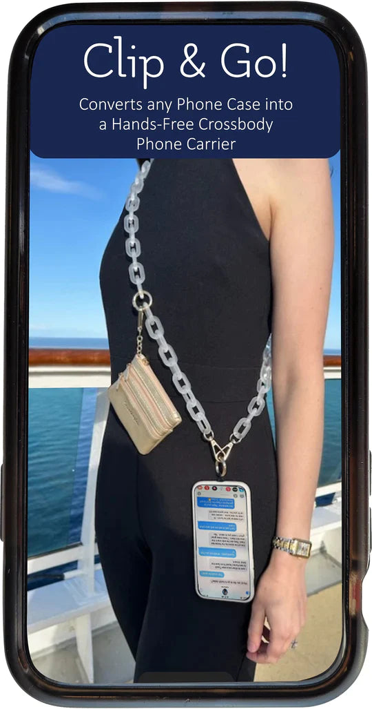 Clip and go, picture of women wearing as a crossbody.