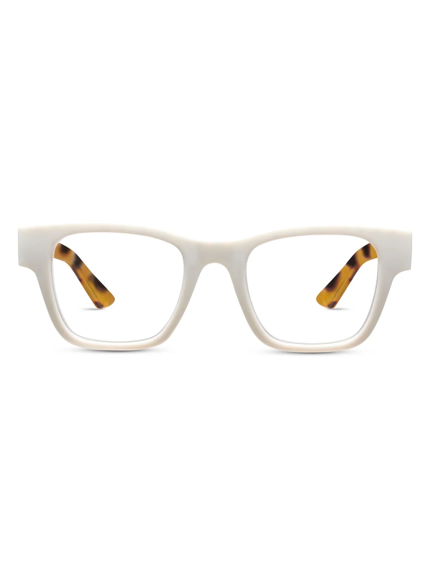 White eyeglasses with tortoiseshell accents on a white background, front.