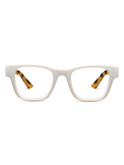 White eyeglasses with tortoiseshell accents on a white background, front.