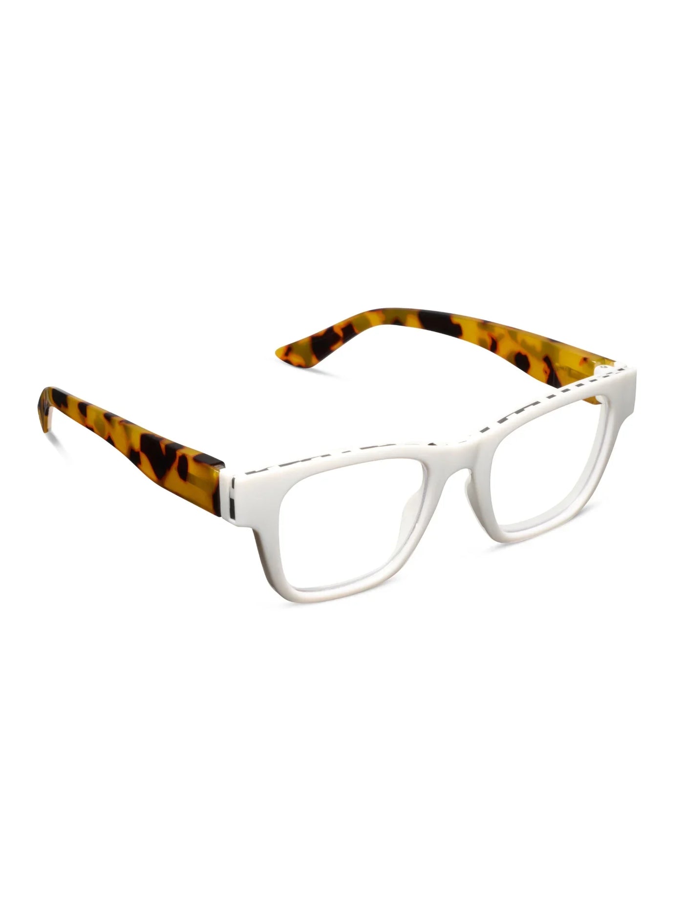 White eyeglasses with tortoiseshell accents on a white background, side.