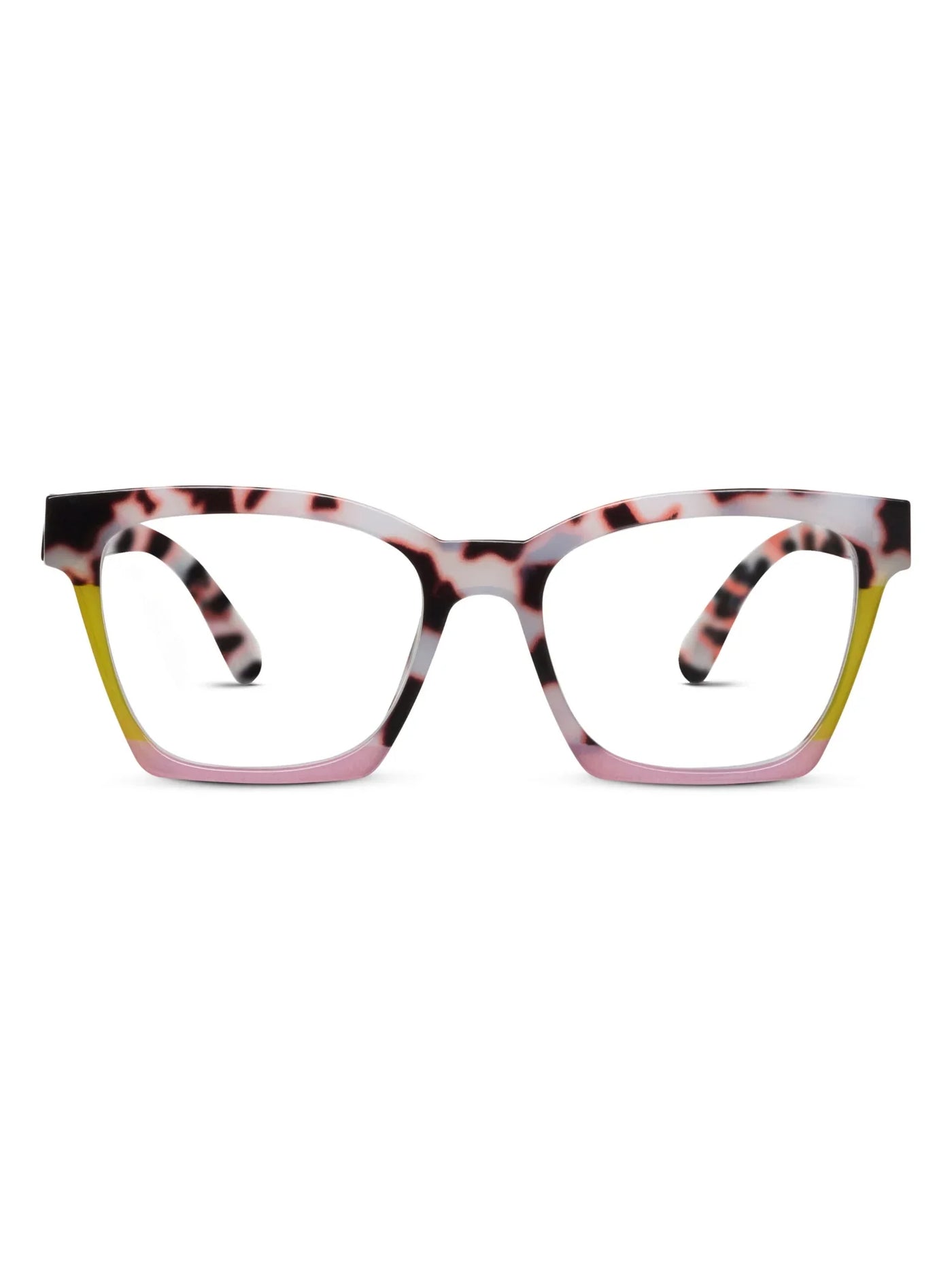 Eyeglasses with a colorful frame on a white background, front.