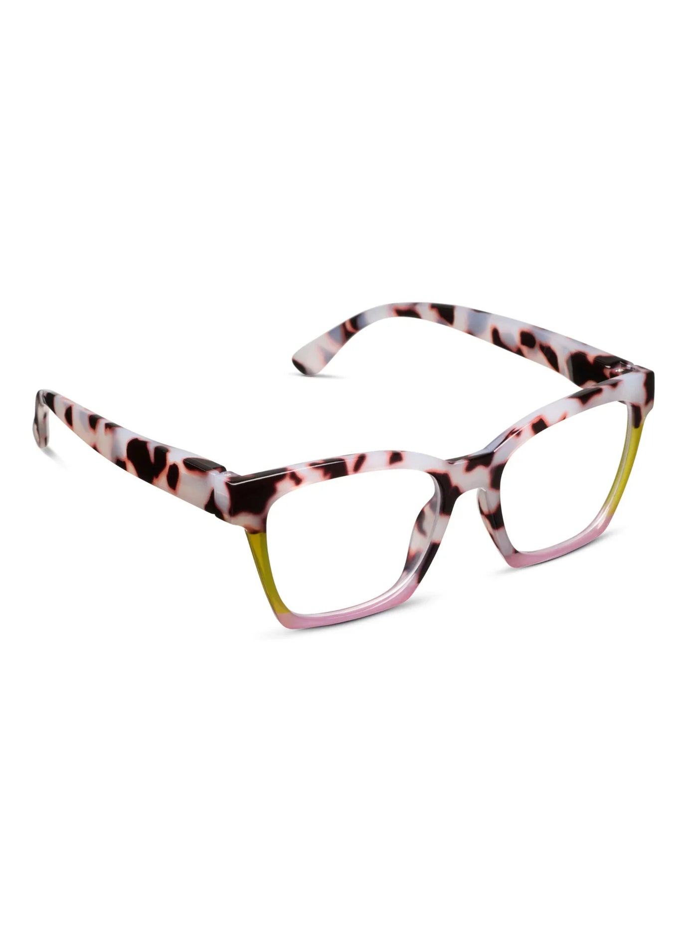 Eyeglasses with a colorful tortoise frame on white background, side.