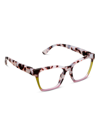 Eyeglasses with a colorful tortoise frame on white background, side.