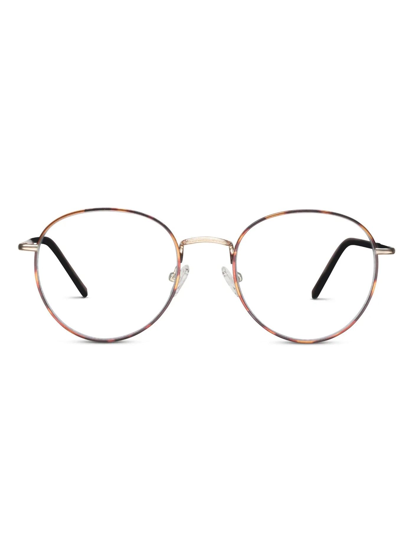 Round eyeglasses with tortoiseshell frame on a white background, front.
