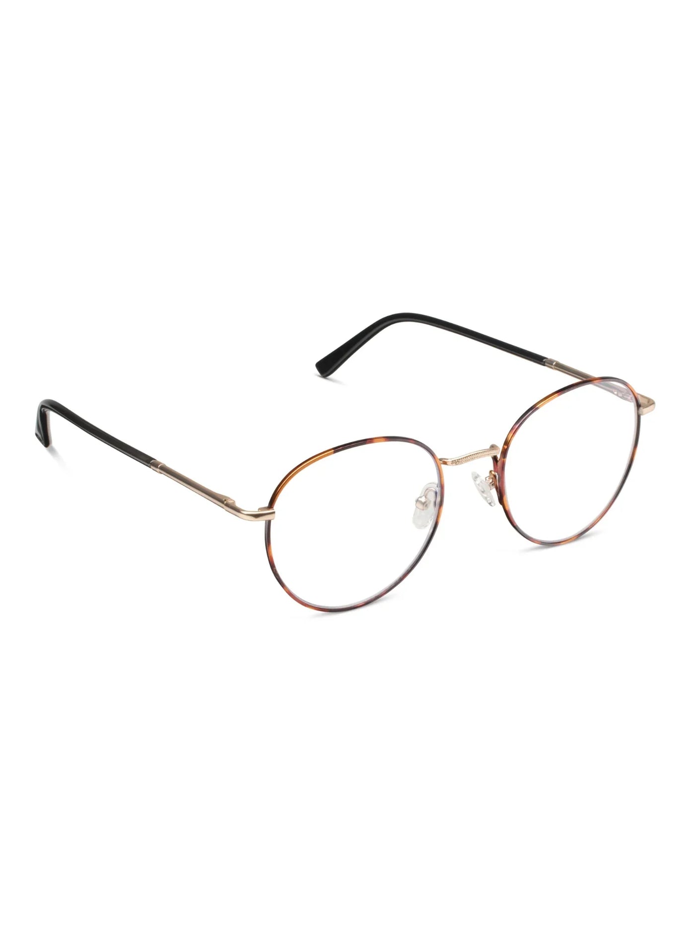 Round eyeglasses with a gold and tortoiseshell frame on a white background, side.