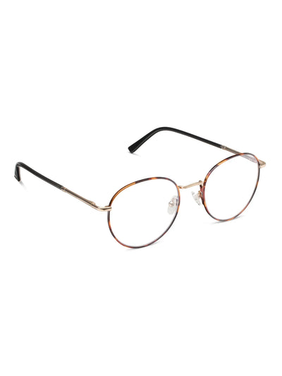Round eyeglasses with a gold and tortoiseshell frame on a white background, side.