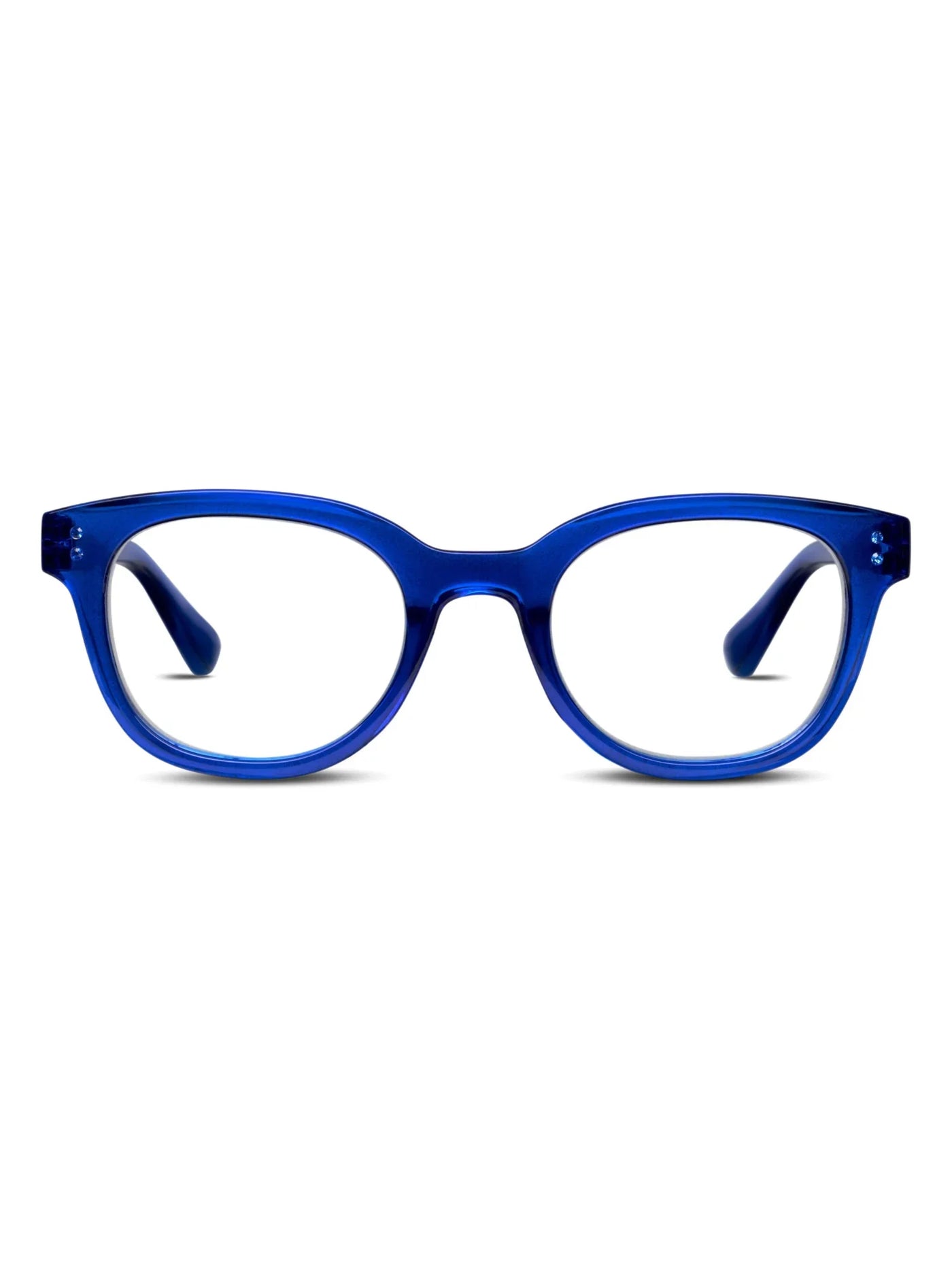 Blue eyeglasses on a white background, front.