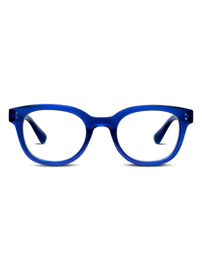 Blue eyeglasses on a white background, front.