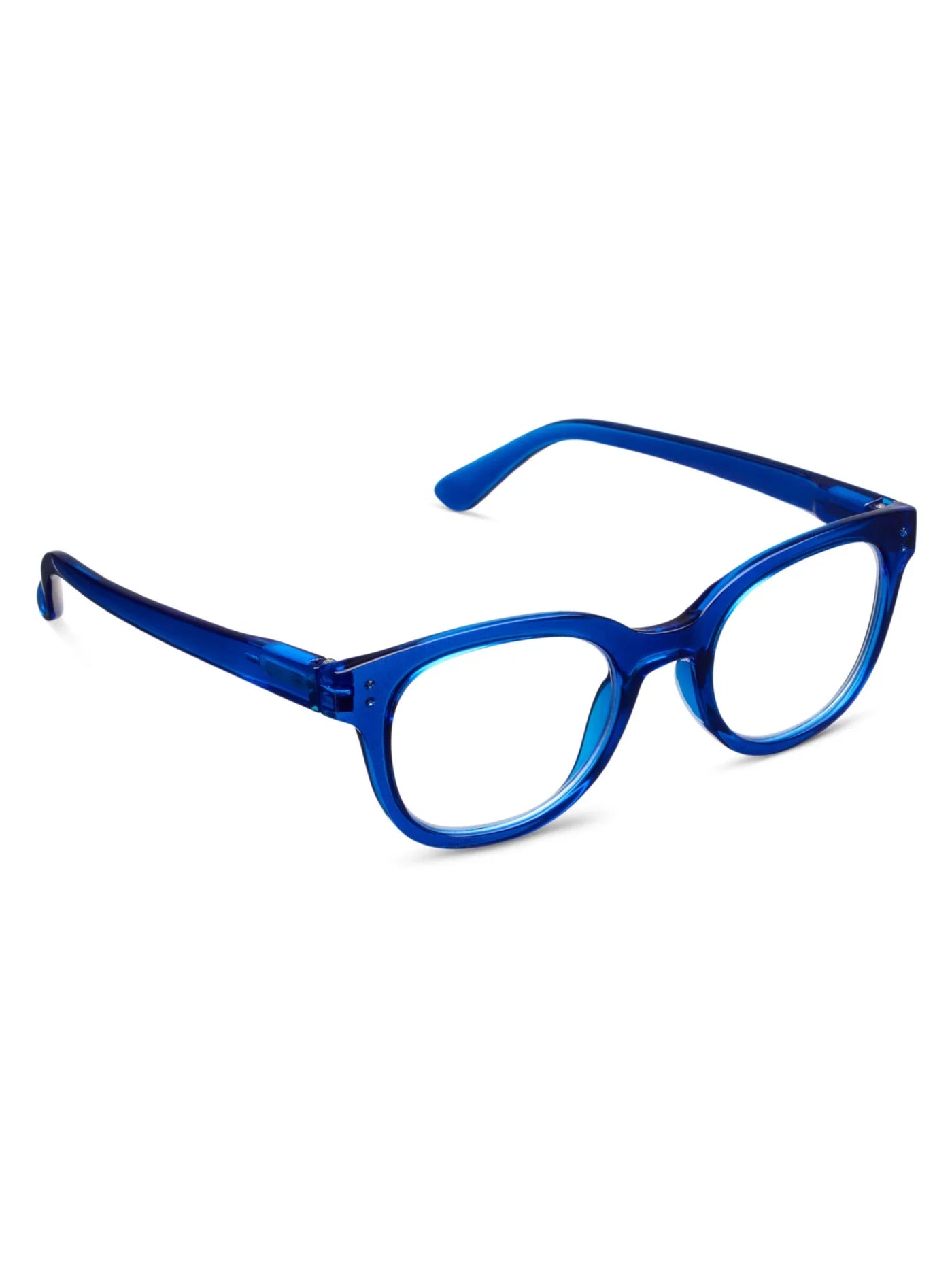Blue eyeglasses on a white background, side.