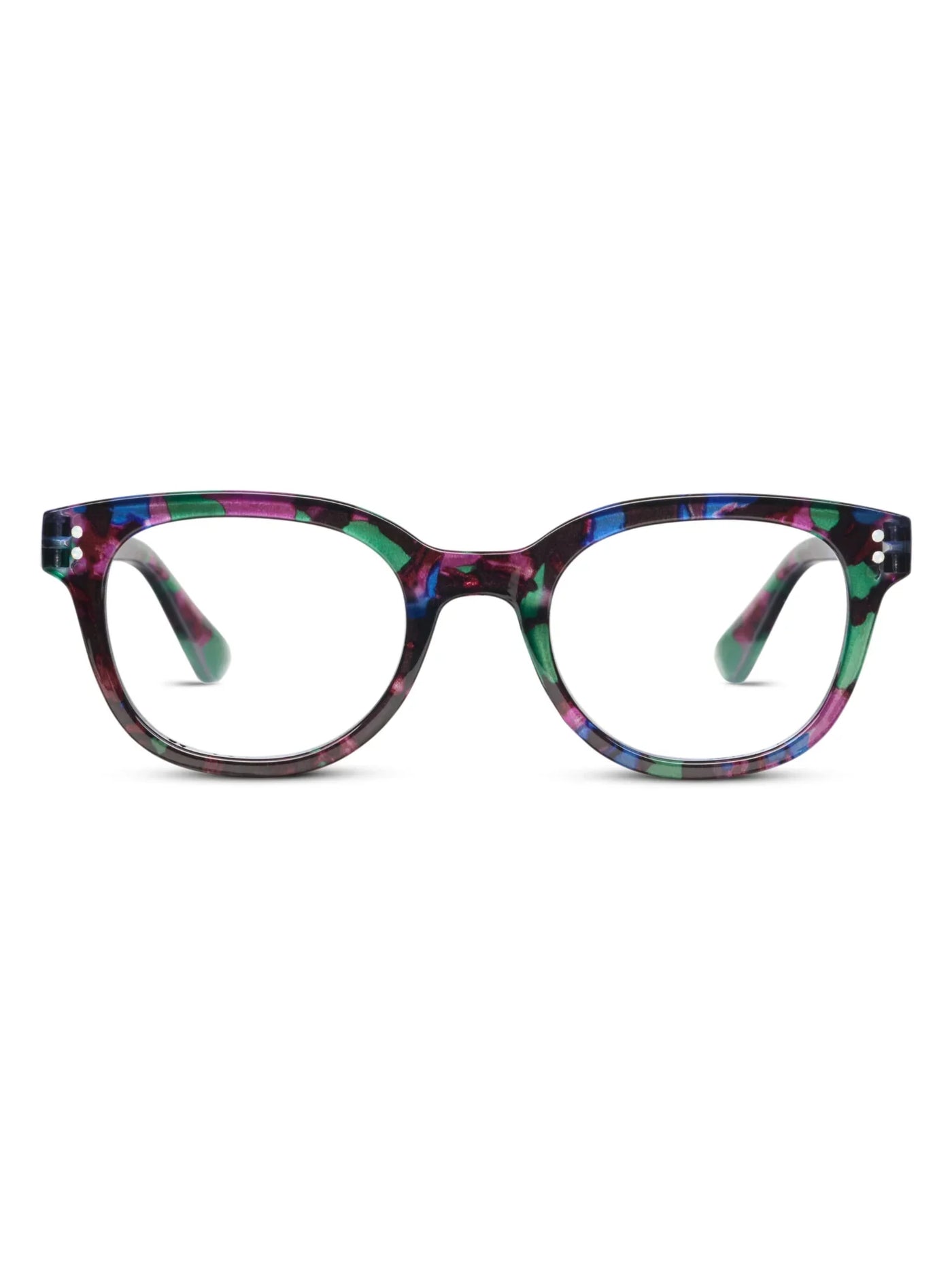 Multicolored tortoiseshell eyeglasses on a white background, front.