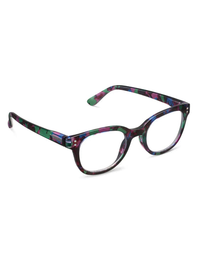 Multicolored tortoiseshell eyeglasses on a white background, side.