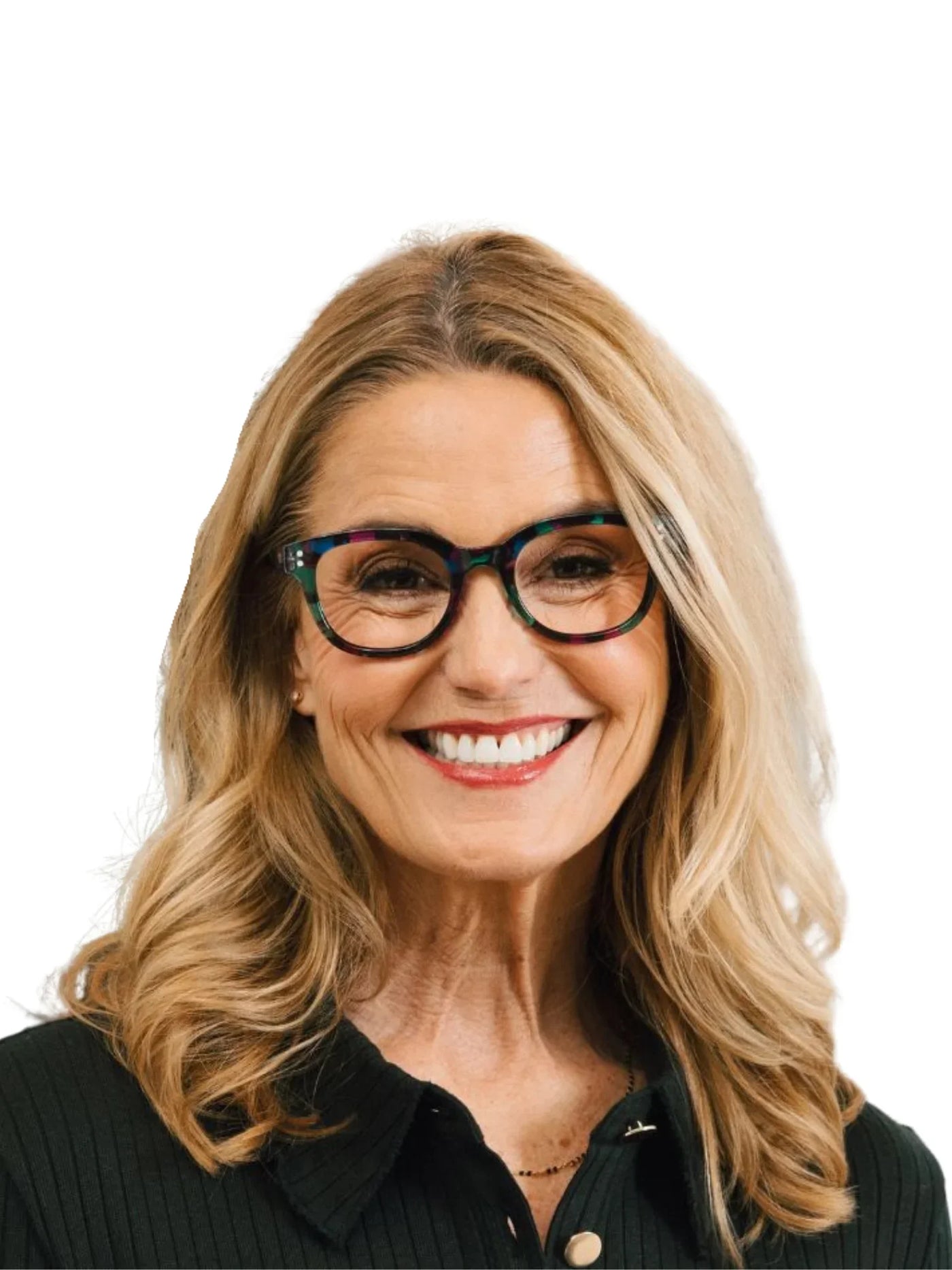 Woman wearing multicolored tortoiseshell glasses on white background.