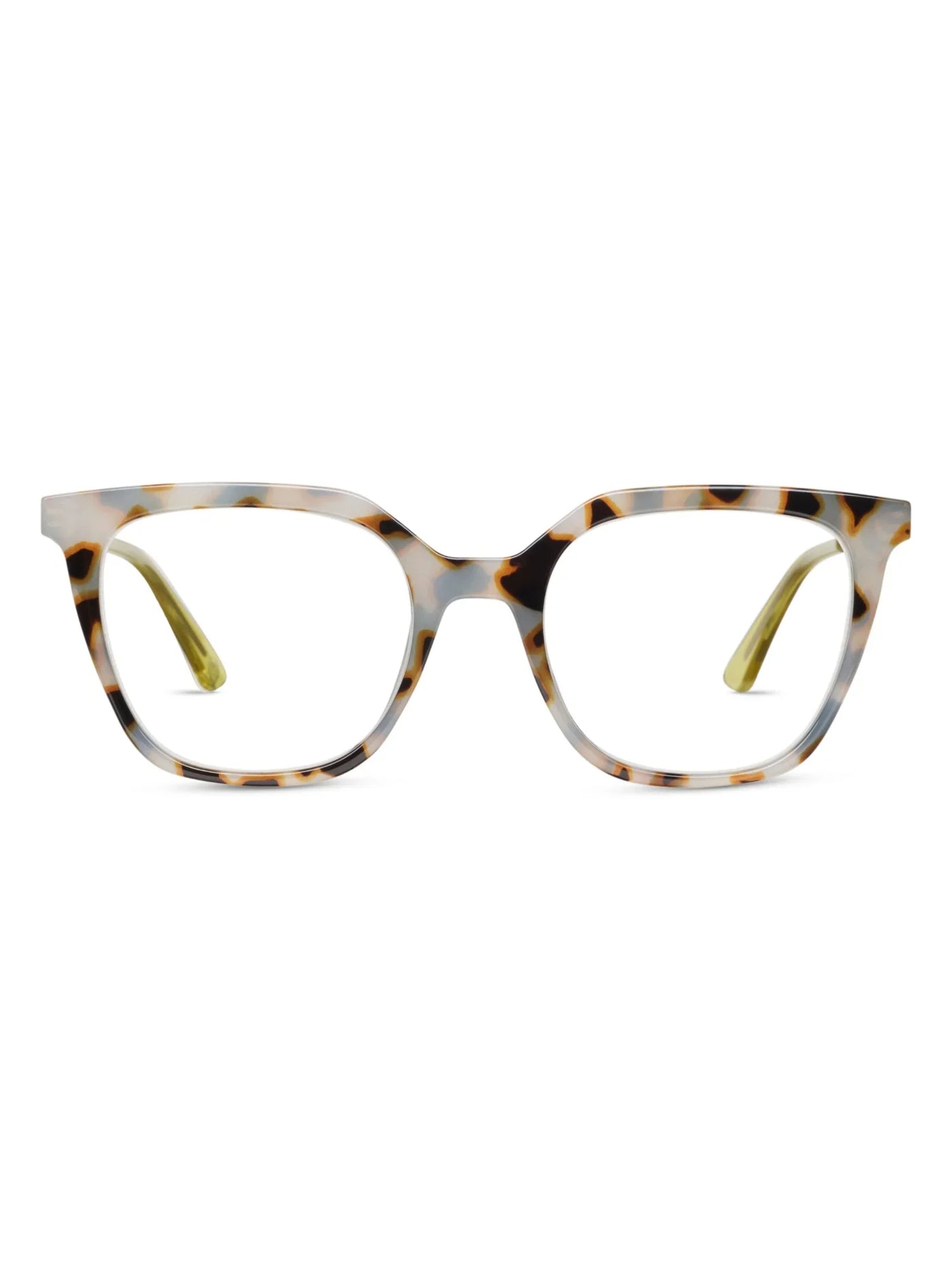 Tortoiseshell rounded square eyeglasses on a white background, front.