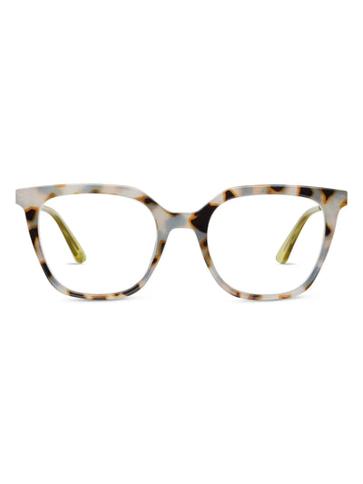 Tortoiseshell rounded square eyeglasses on a white background, front.