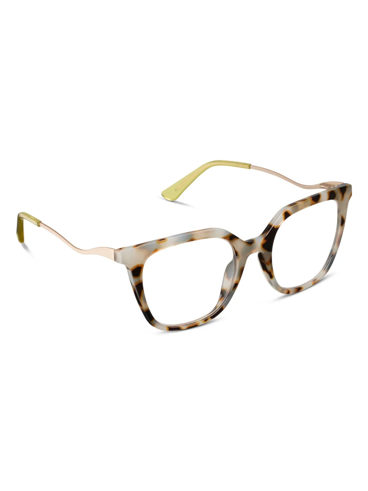 Tortoiseshell rounded square glasses on a white background, side.