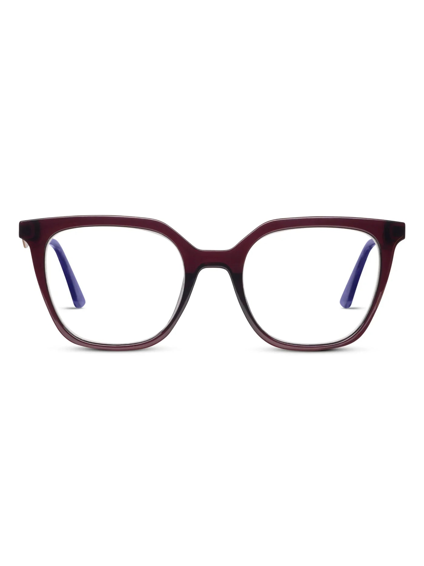 Pair of eyeglasses with a burgundy frame on a white background, front.