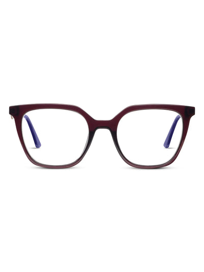 Pair of eyeglasses with a burgundy frame on a white background, front.