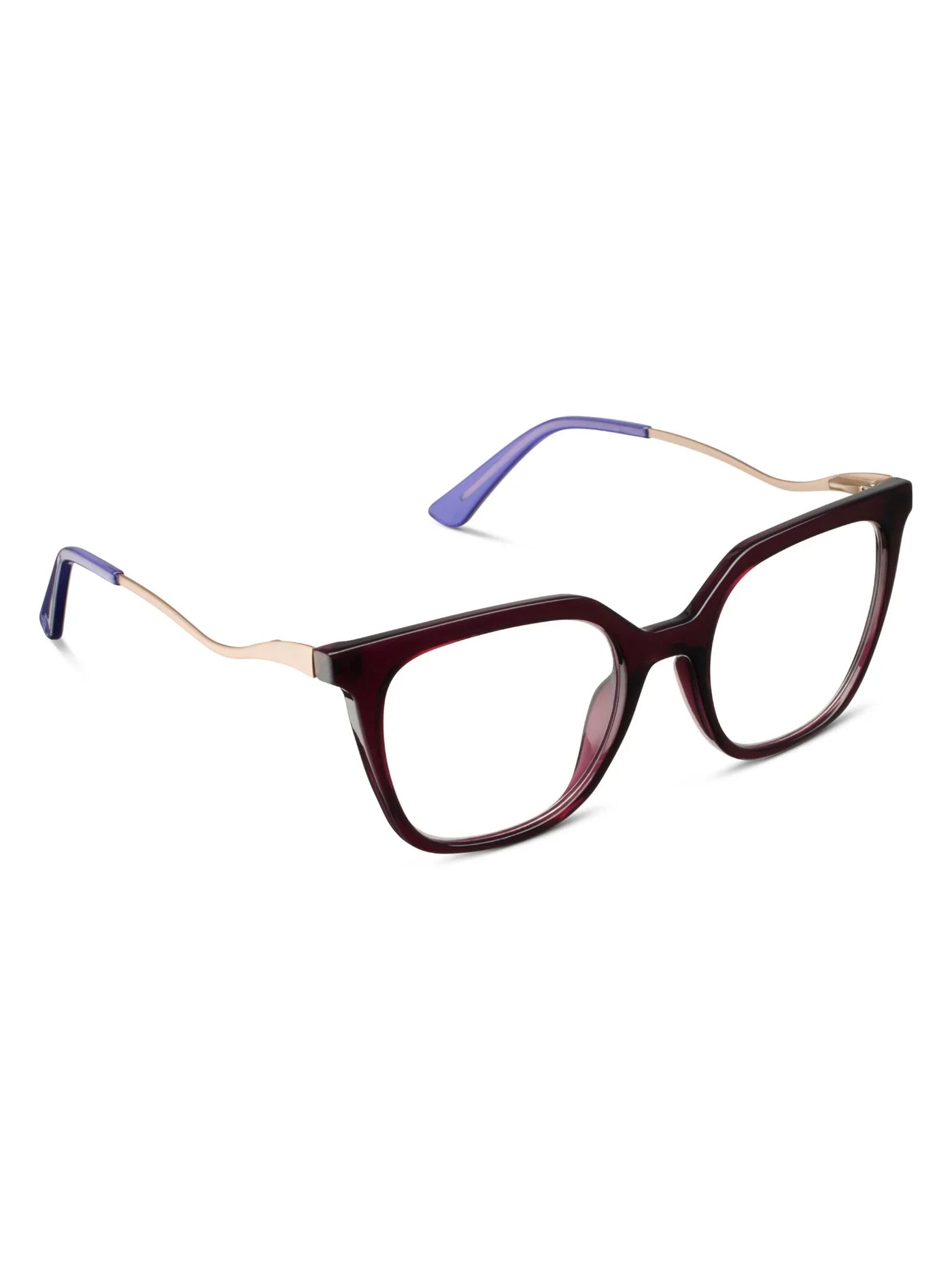 Eyeglasses with a burgundy frame and blue accents on a white background, side.