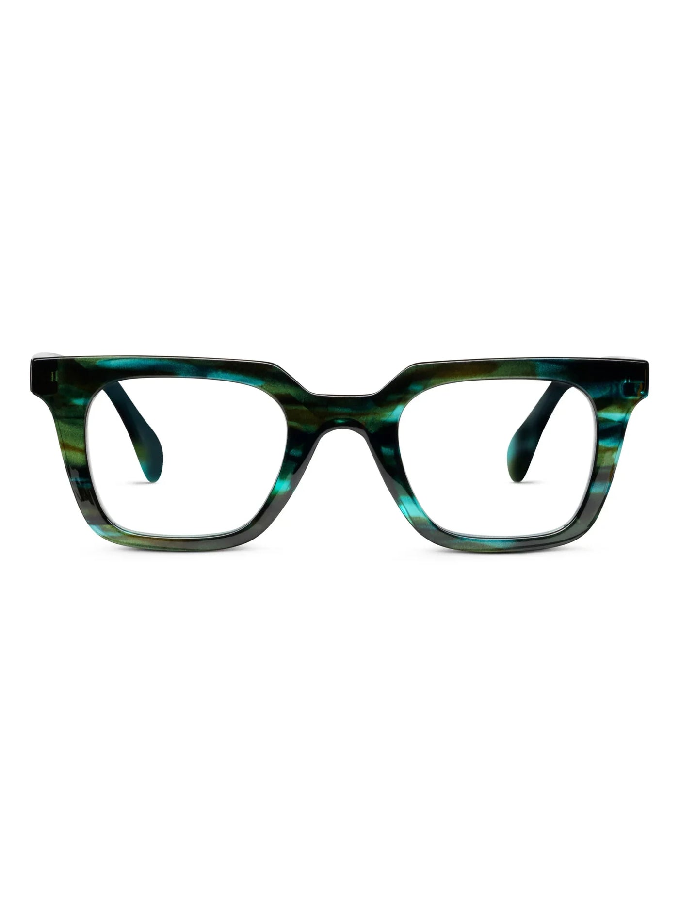 Green and black tortoiseshell glasses on a white background, front.