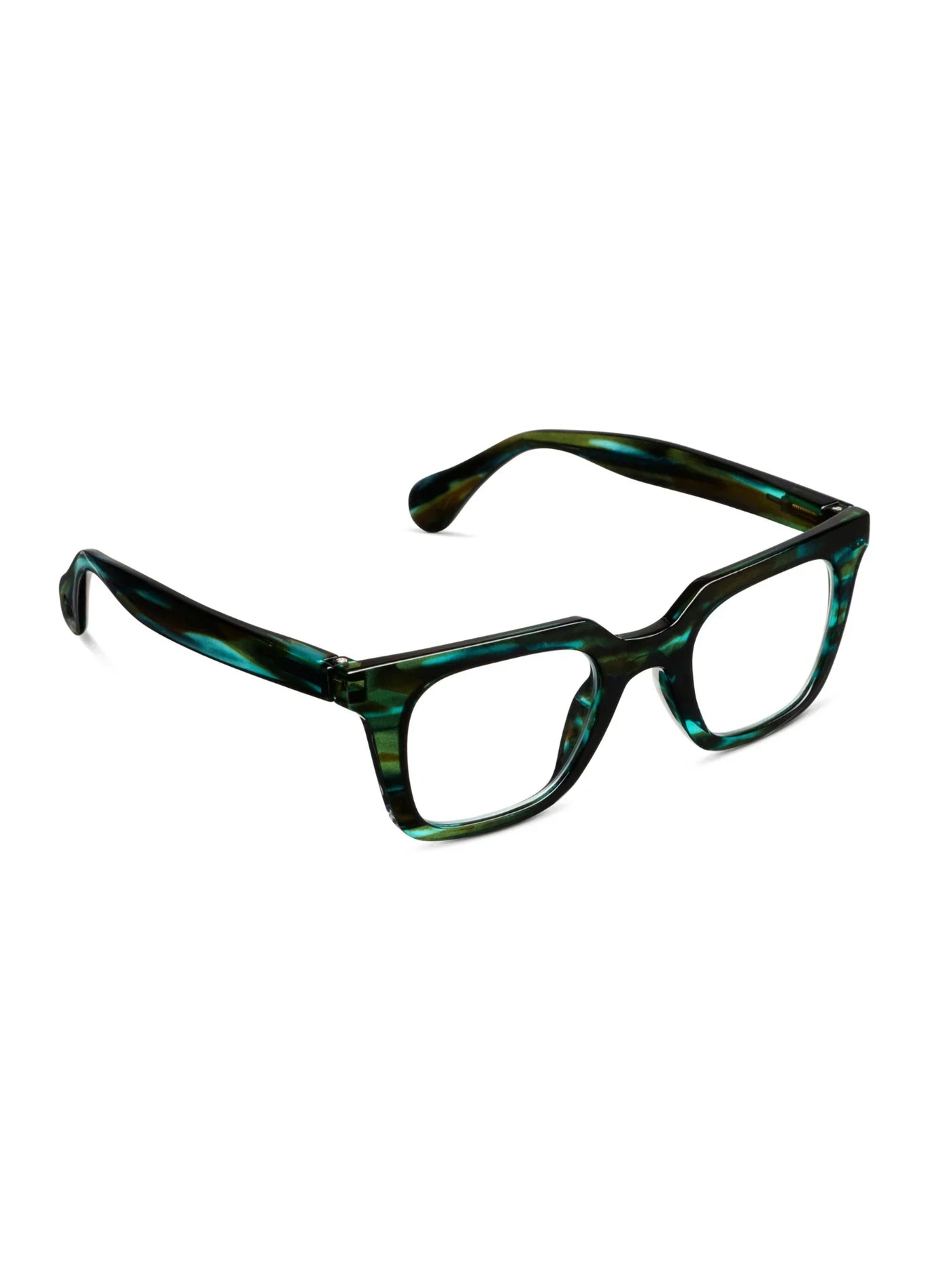 Square green tortoiseshell eyeglasses on a white background, side.