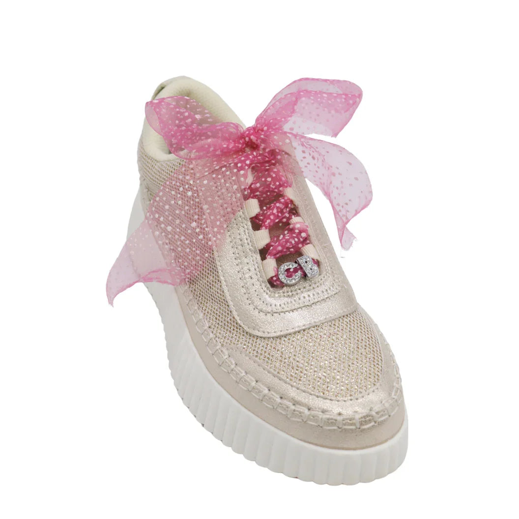 Pink Glitter Ribbon Shoe Laces | Pack of 5 on a shoe