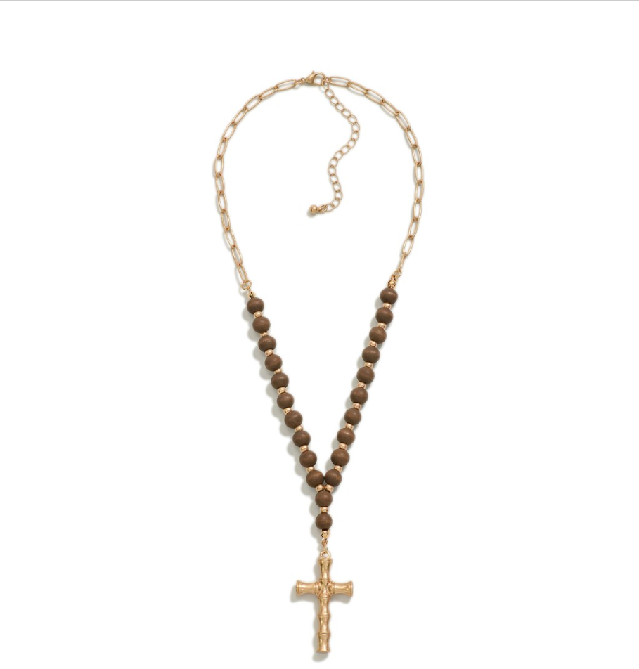 Chain Link and Wood Beaded Cross Necklace in brown.