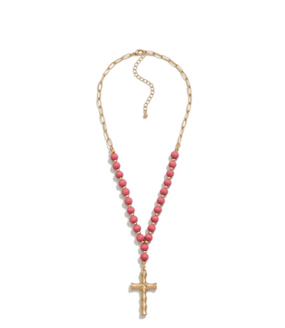 Chain Link and Wood Beaded Cross Necklace in pink.