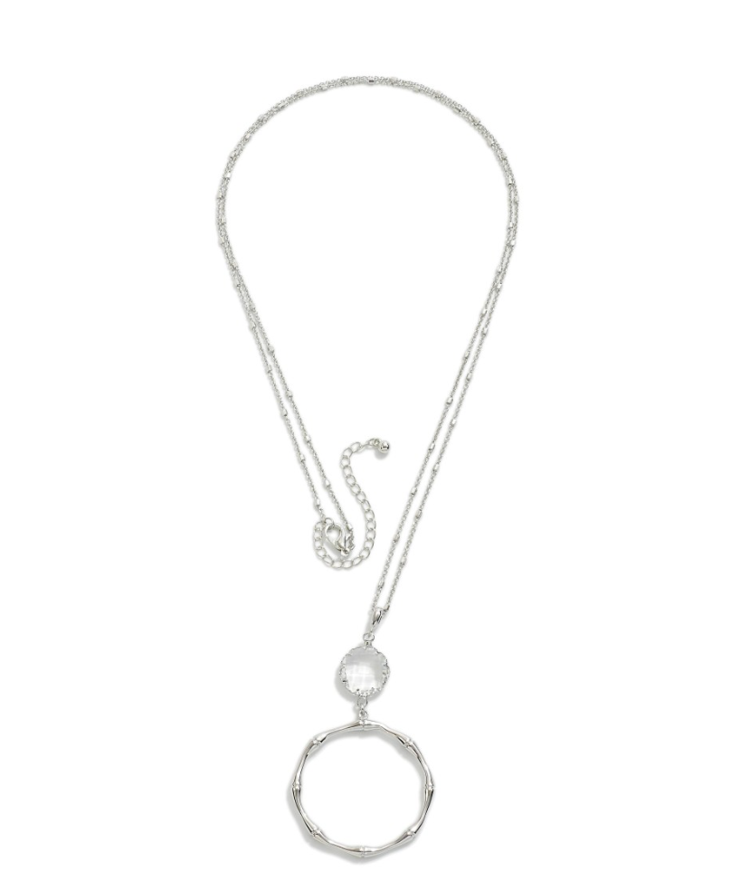 Rhinestone and Bamboo Pendant Long Necklace in silver.
