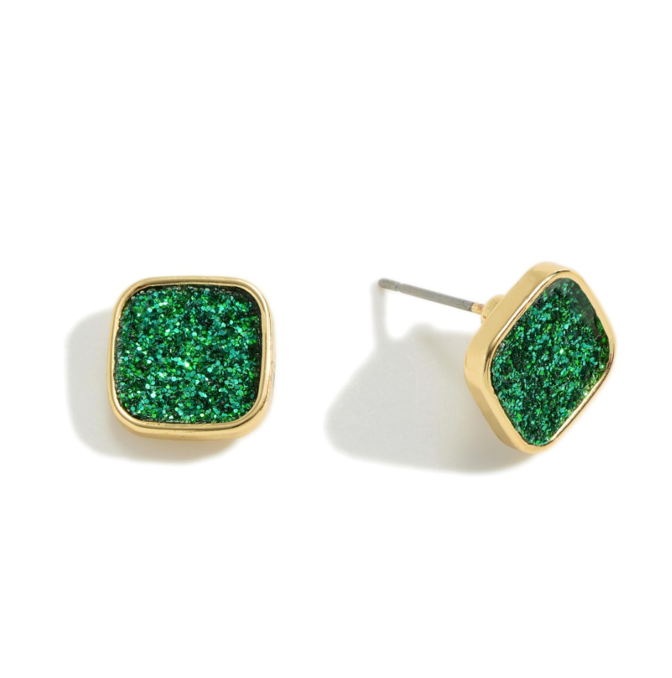 Square Glitter Stud Earrings in green.