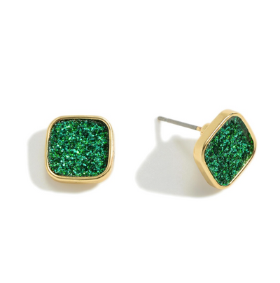Square Glitter Stud Earrings in green.