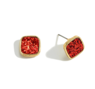 Square Glitter Stud Earrings in red.