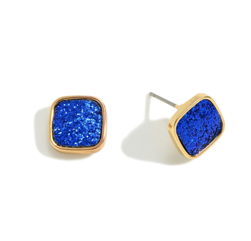 Square Glitter Stud Earrings in blue.