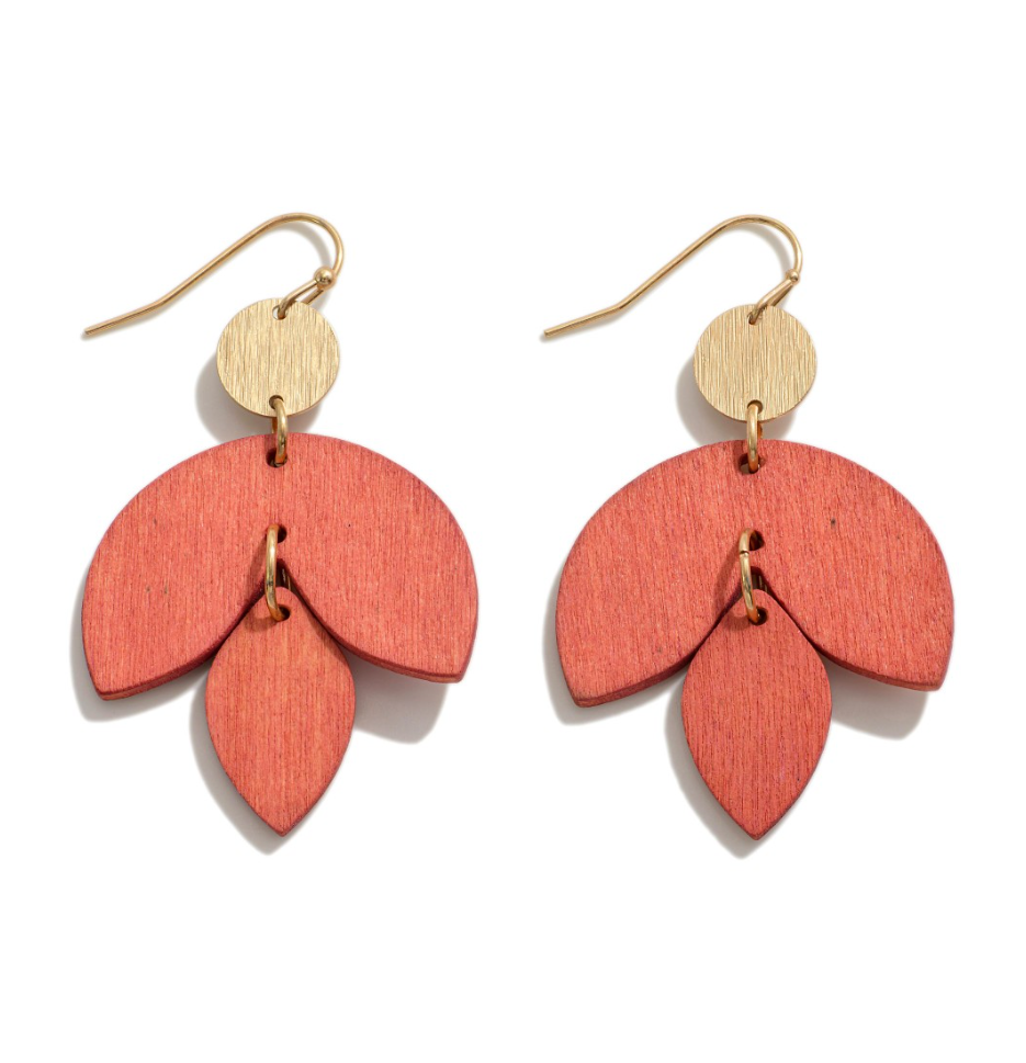 Wooden Leaf Earrings in orange.