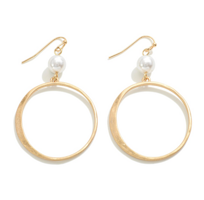Pearl and Worn Circle Drop Earrings in gold.