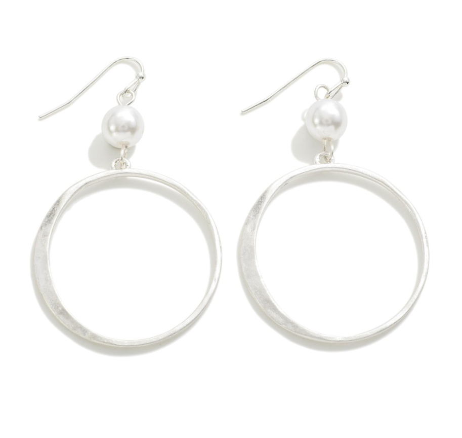Pearl and Worn Circle Drop Earrings in silver.